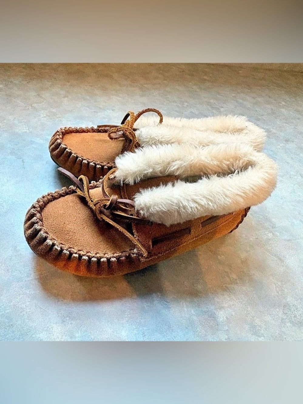 Kids, Minnetonka Alpine Shearling Moc Faux Fur Lined Brown Slippers US 13